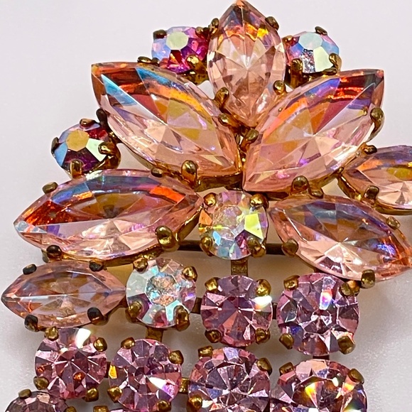 Western Germany Signed Vintage AB Pink Rhinestone Articulating Pin Brooch - Picture 3 of 10
